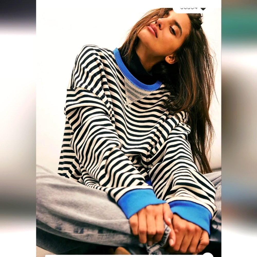 Free People Black & White Striped Sweatshirt with Blue Trim